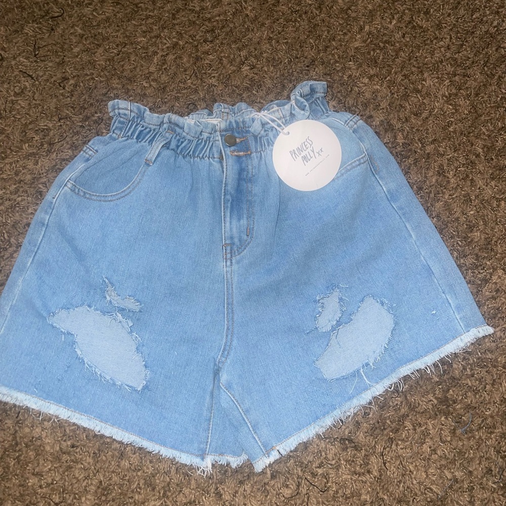 Open Rod  Woman's Denim Paper Bag Waist High Rise Pale Blue 4